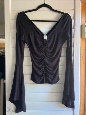 We The Free Deep V Ruched Black Long Sleeve Top with Flared Sleeves